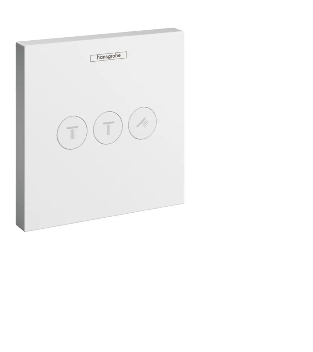Weißes Unterputz-Bedienelement von Hansgrohe mit drei runden Tasten zur Steuerung von Dusch- oder Wasseranwendungen.